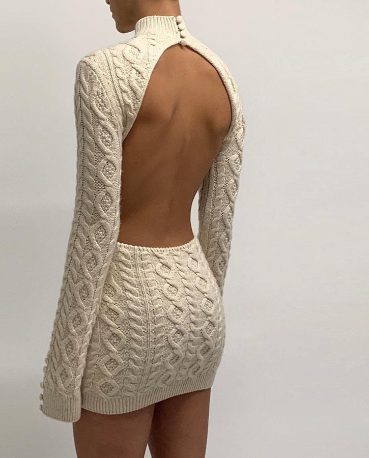 Open Back Knitted Solid Turtleneck Mini Sweater Dress