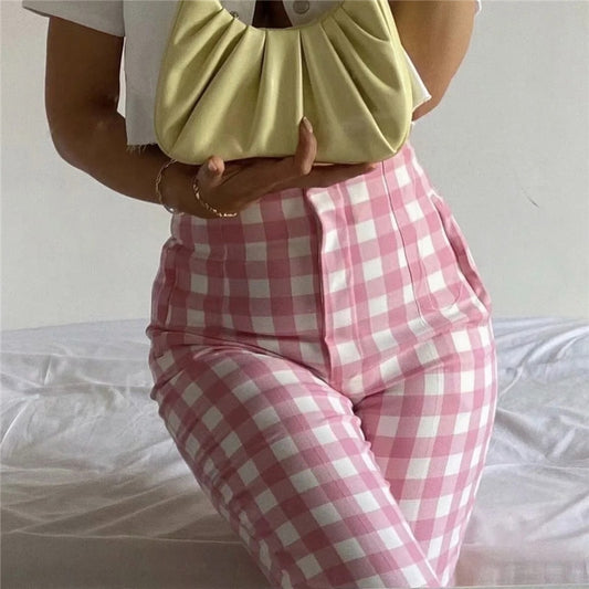 Pink Plaid Suit Cotton Long Pants