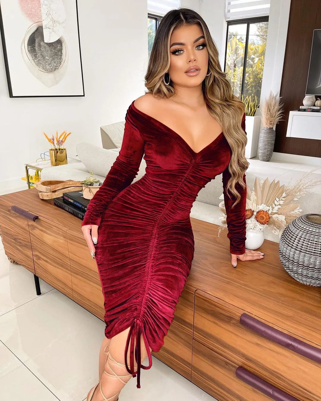 Ruched Off-the-Shoulder Lace Up Bodycon Long Sleeve Club Party Midi Dress