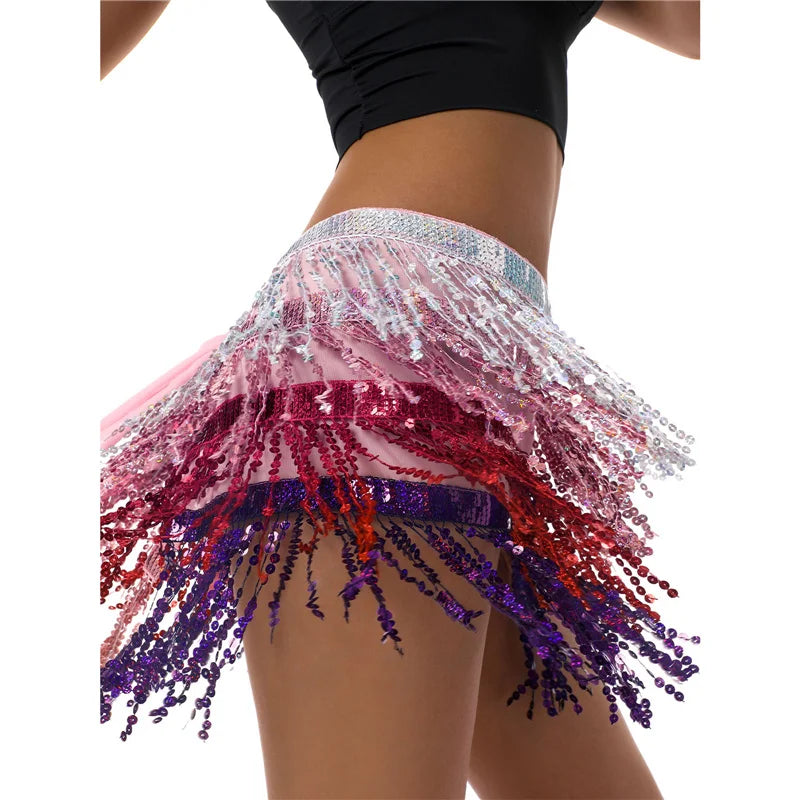 Glitter Tassel Fringe Sequined Metallic Adjustable Waist Dancer/Performance Skirt/Salsa Mini Skirt