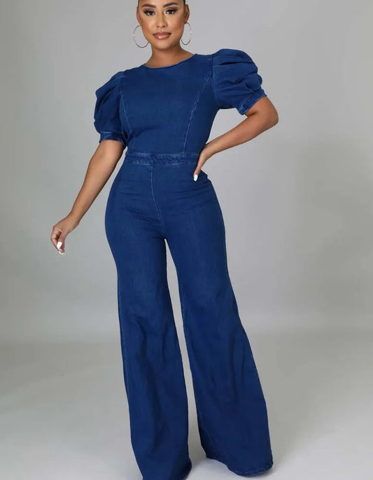 Denim Short Puff Sleeve O-Neck High Waist Hollow-Out Flared Pant Jean Jumpsuit to 3X Plus Size