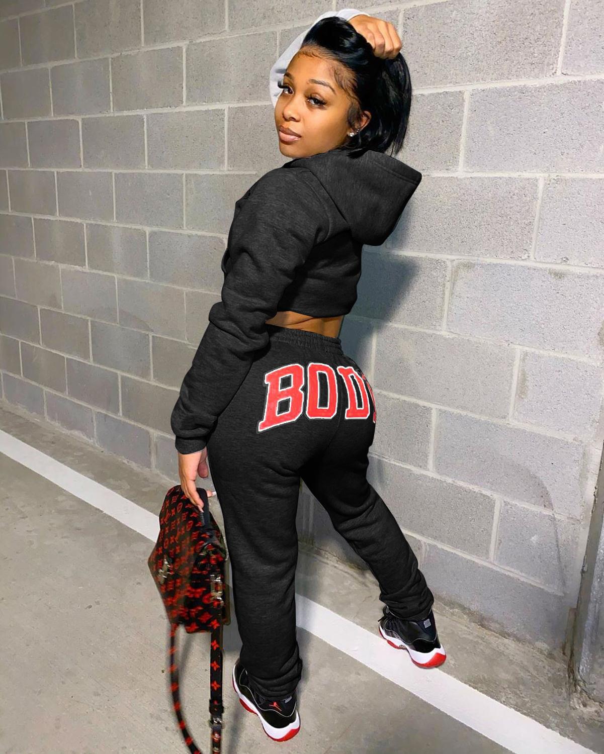 "Body" Letter Print Cropped Hoodie + Sweatpants Women's Sweatsuit