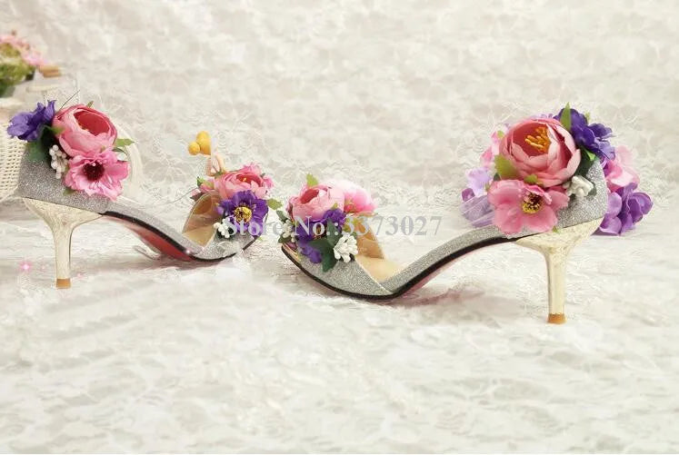 Pink/Baby Blue Rose Flower Decor Women's High Heel Pointed Toe Slip-On Pumps