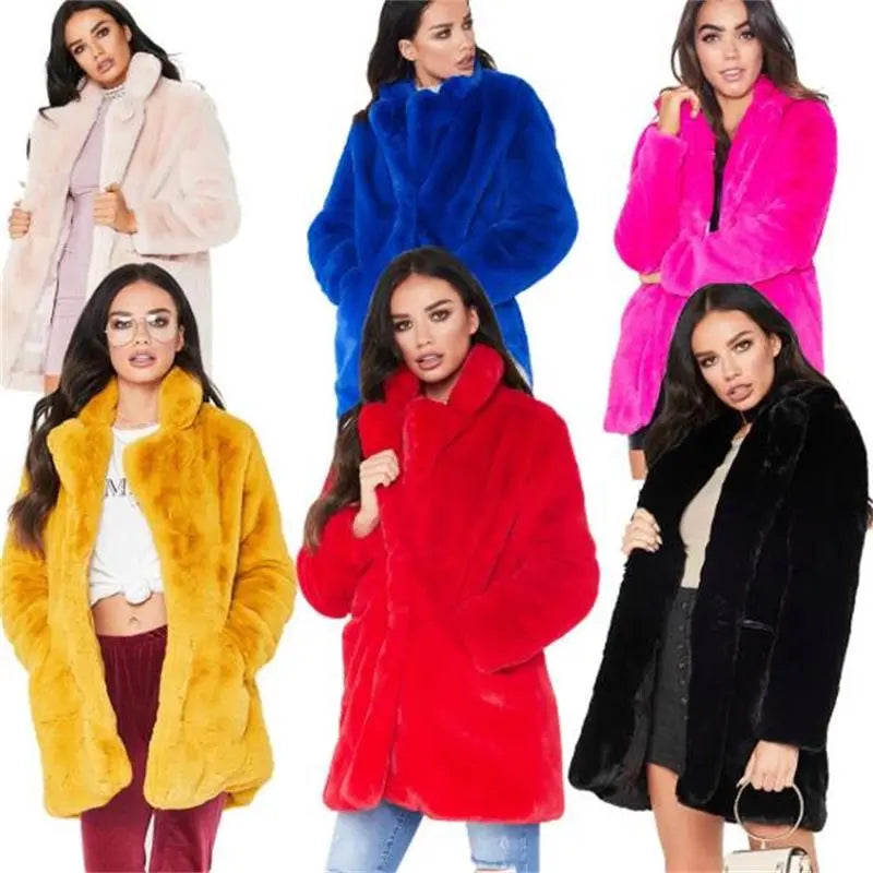 Faux Fur 3/4 Length Plus Size Ladies Loose Wool Coat to 4X