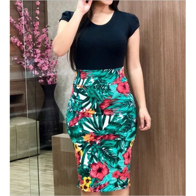 Tropical/Floral/Striped Bodycon Pencil Midi Office Dress