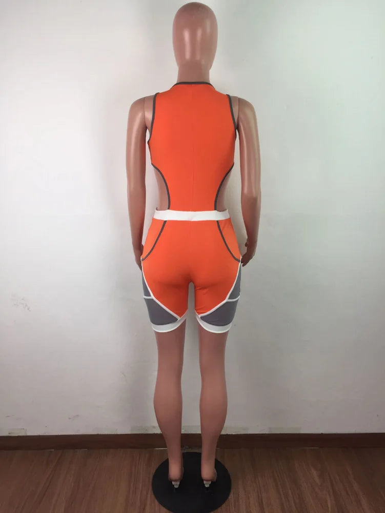 Colorblock Patchwork Sleeveless Bodycon Deep V-Neck Women's Fitness Workout Shorts Romper