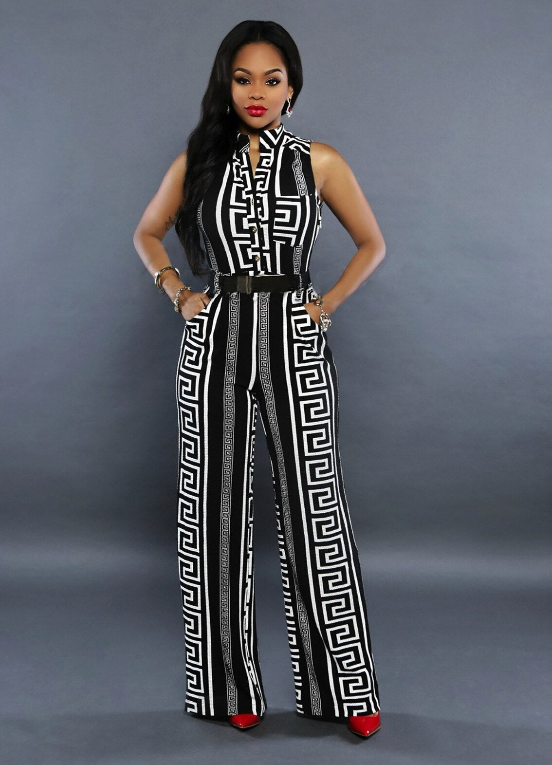 Geometric Black/White V-Neck Sleeveless Belted Jumpsuit