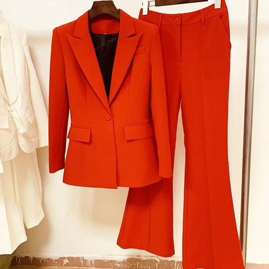 Designer Blazer Single Button Red Blazer + Flare Pants Business/Office Suit