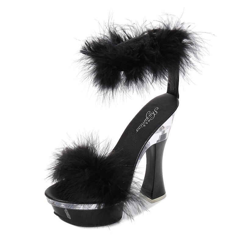 Feather Double Strap Thick Platform Open Toe Sandals