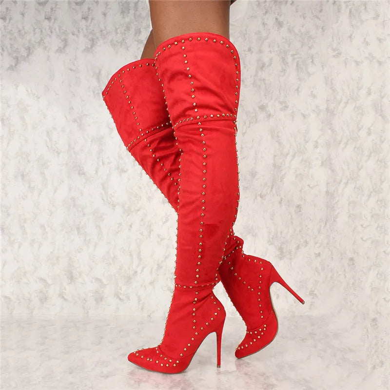 Red Metal Stud Rivet Embellished Over-the-Knee Thigh High Stiletto Heel Boots