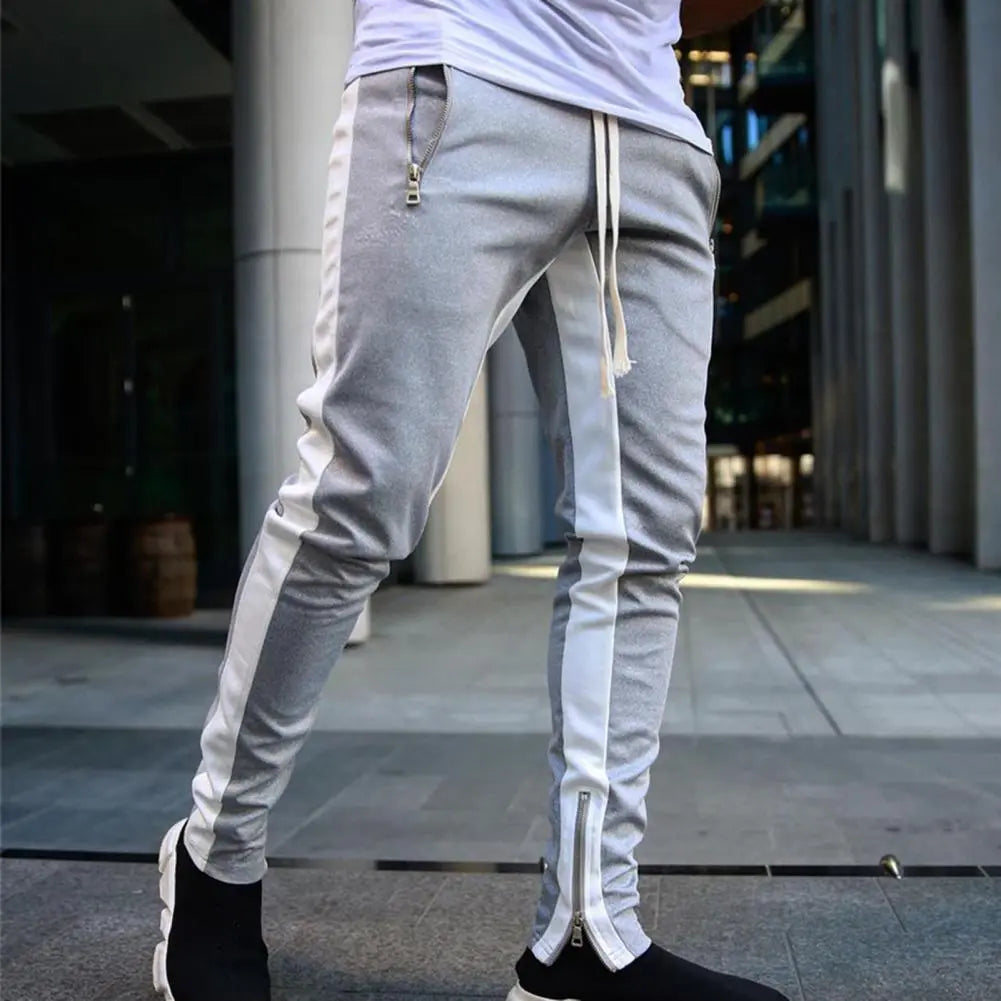 Zipper Ankle Solid Side Striped Men's Contrast Color Elastic Waist Drawstring Sweatpants