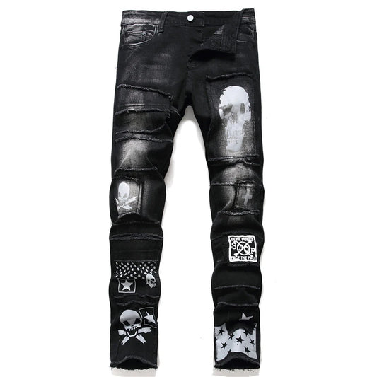 Men's Streetwear Skull Black Denim Biker Designer Ripped Skinny Jeans