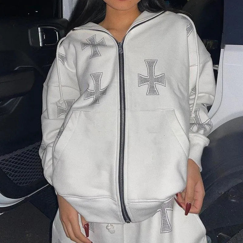 Crystal Rhinestone Cross Embroidered Print Women’s Hoodie Sweatshirt Zipper Jacket + Sweatpants Tracksuit