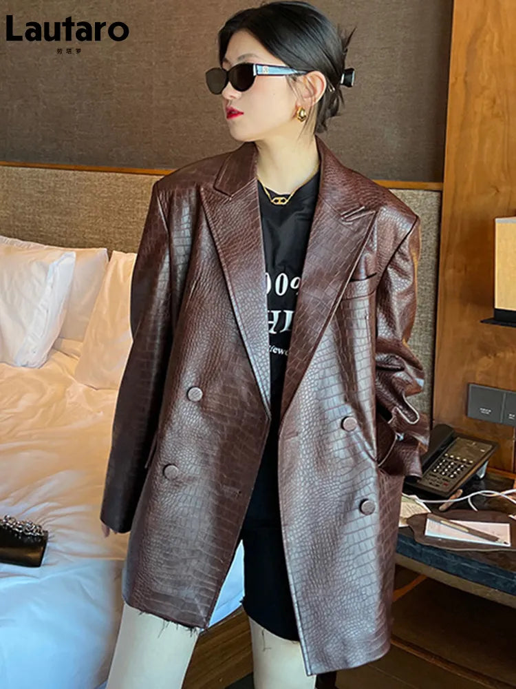 Oversized Shiny Crocodile Pattern Faux Leather Blazer