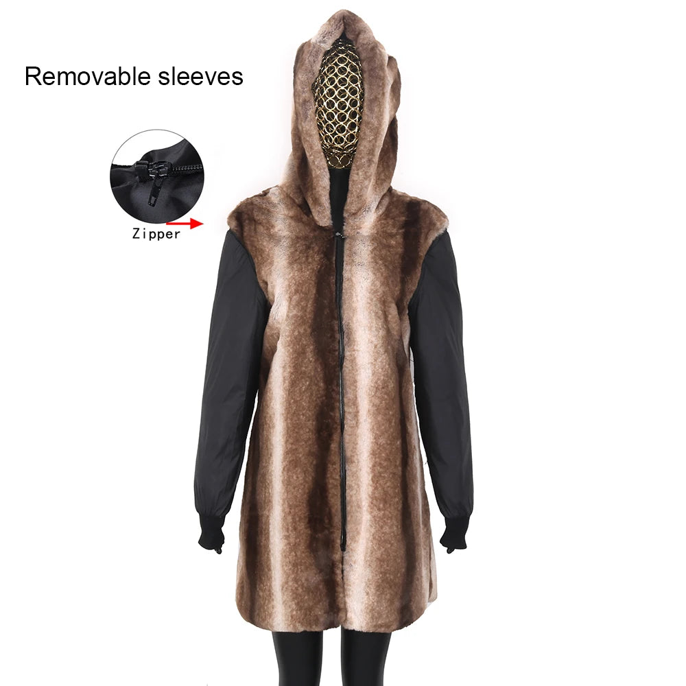 Colorblock Real Fur Oversized Collar Hip-Hop Design Women's Hooded Full Pelt Trenchcoat