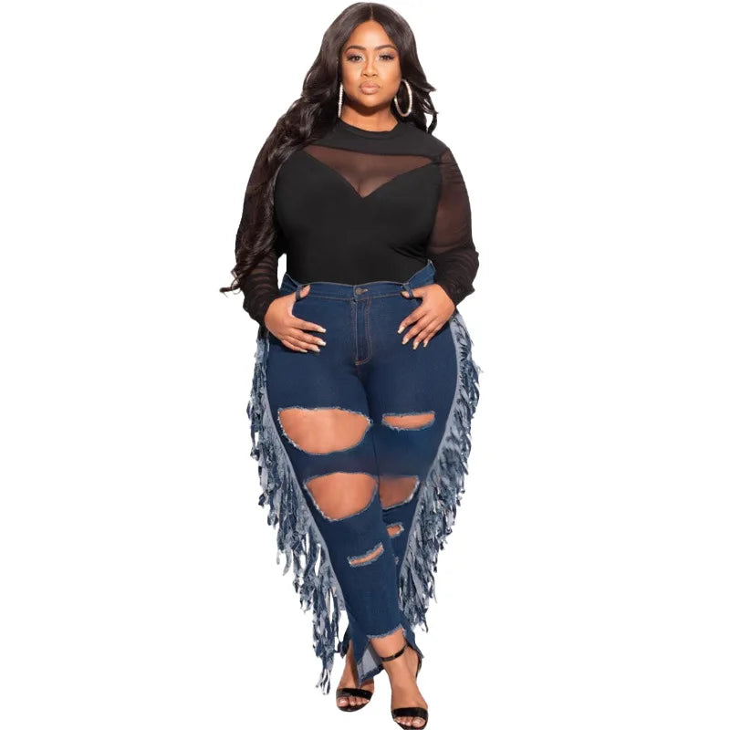 Hole Ripped Hollow-Out Side Tassel Design Women's Streetwear Jeans to 5X Plus Size