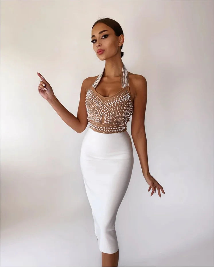 Sleeveless Pearl Beaded Formal Bandage Party Dress