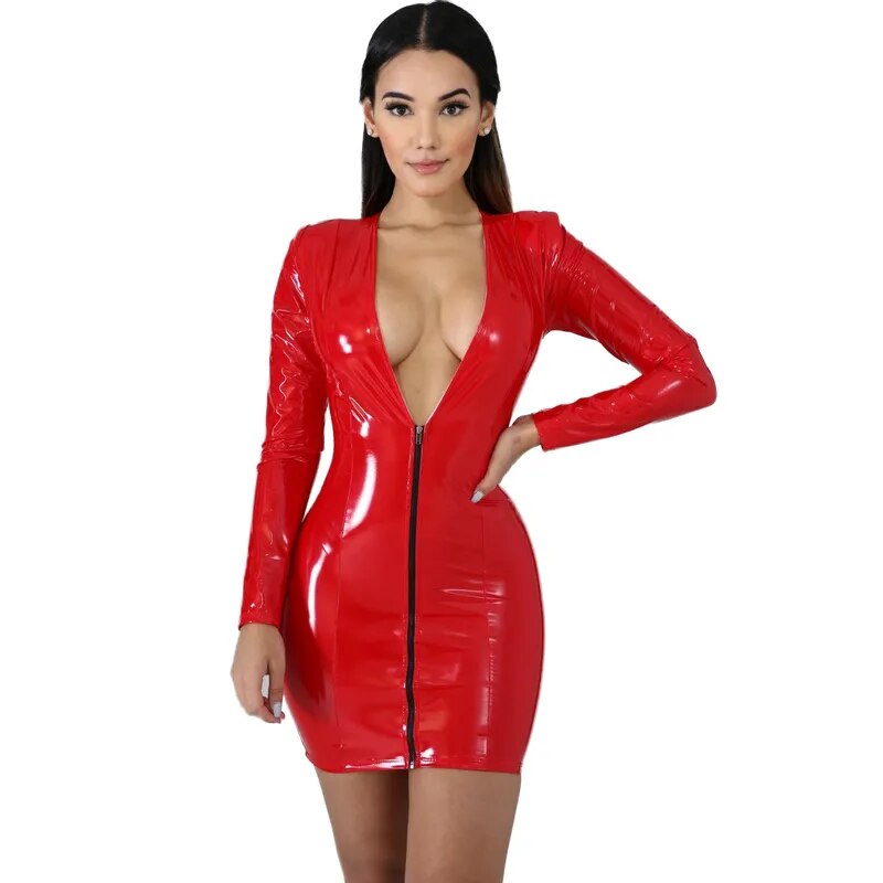 Latex Bodycon Zipper V-Neck Faux Leather Long Sleeve Mini Club Dress