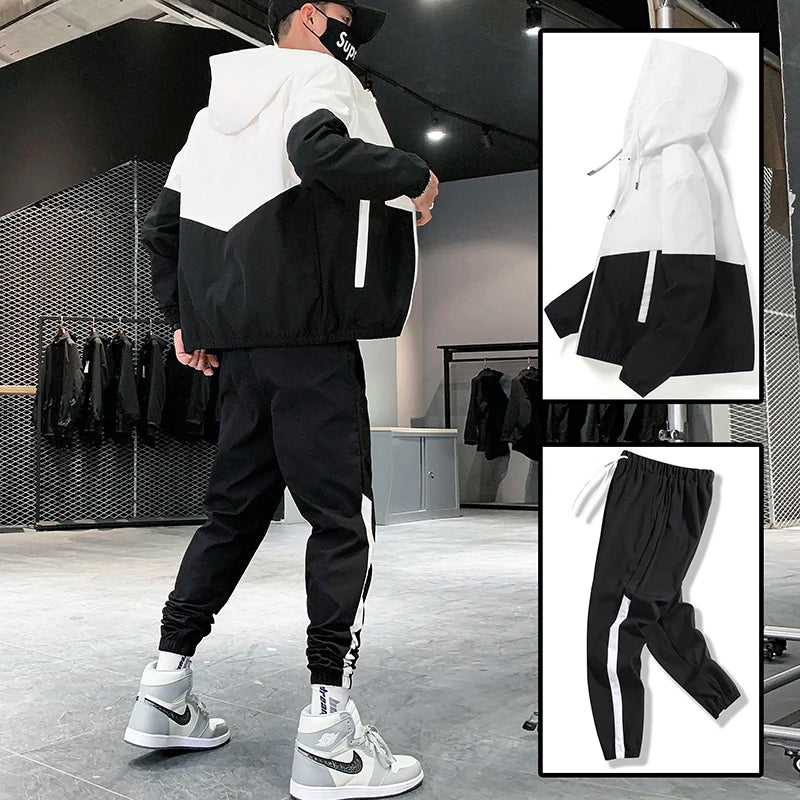 Men's Colorblock Zipper Hoodie Jacket + Side Striped Sweatpants Tracksuit