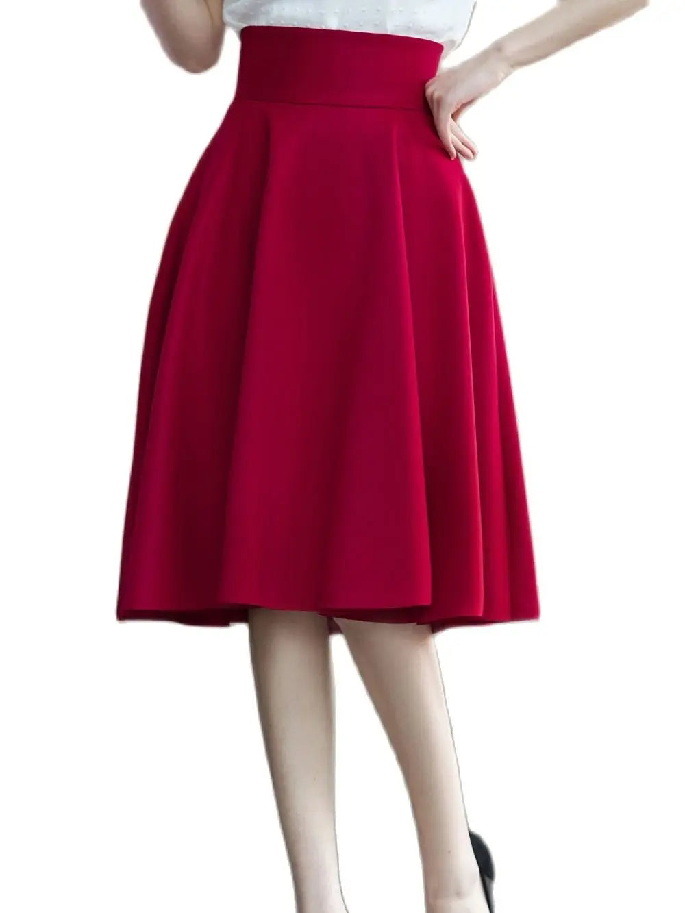 Pleated Zipper High Waisted Solid Color Flared Midi Skirt