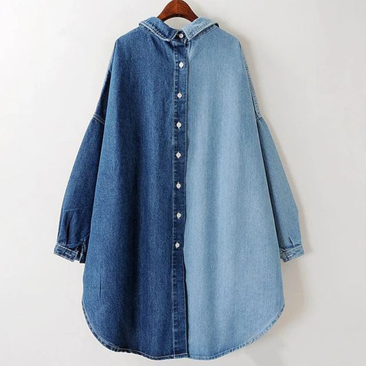 Blue Patchwork Denim Women's Lapel Long Sleeve Oversized Blouse