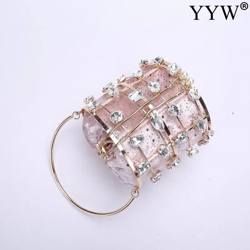 Crystal Diamond Pearl Glitter Beaded Metallic Cage Basket Purse