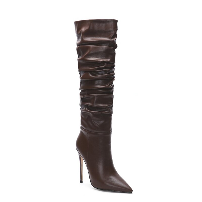 Pointed Slouch Pleated Ladies Knee High Boots