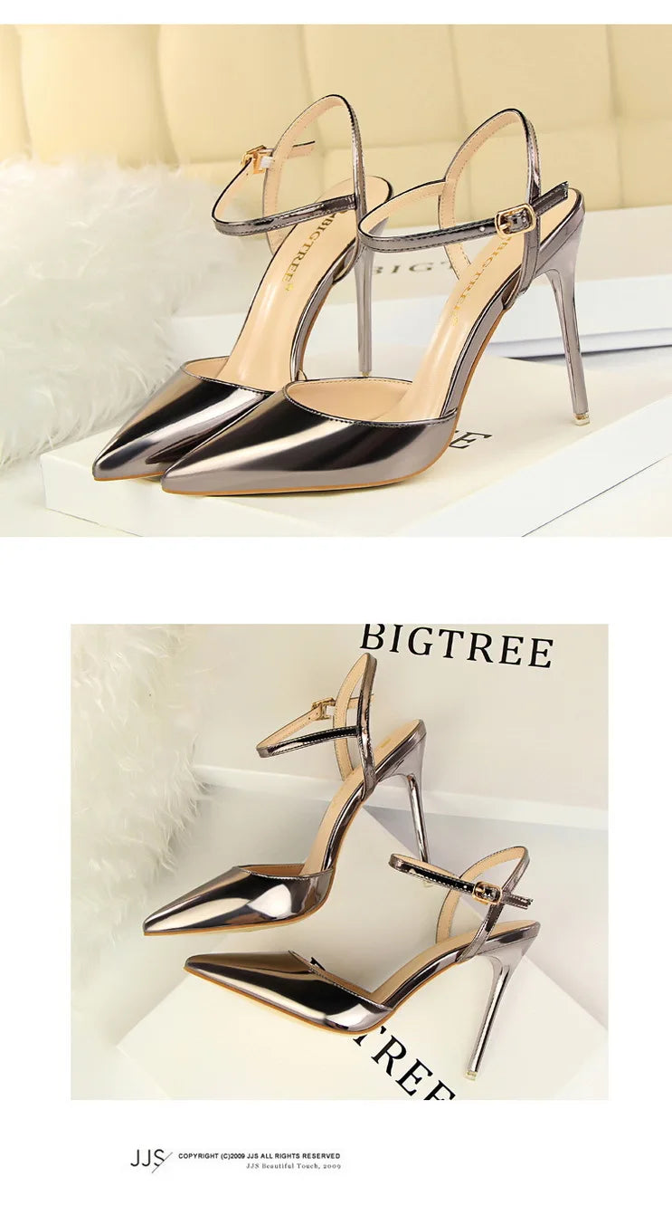 Patent Leather Stiletto Heel Buckle Strap Solid Color Sandal Pumps