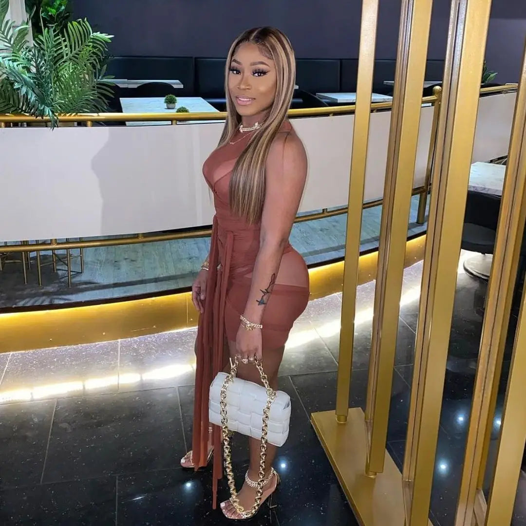 Sleeveless Bandage Criss-Cross Hollow-Out Design Transparent Mesh Mini Club Party/Prom Dress