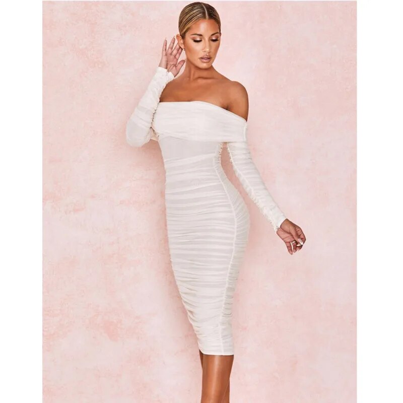 Double Layer Mesh Pleated Long Sleeve Bandage Off Shoulder Midi Dress