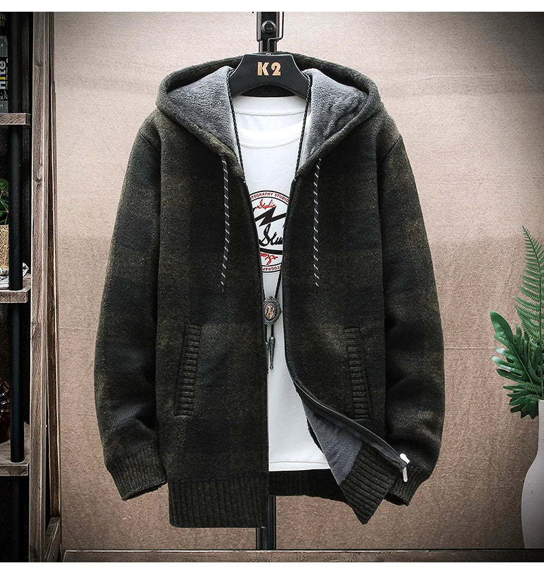 Men's Plaid Wool Zipper Cardigan Hoodie Sweater Jacket