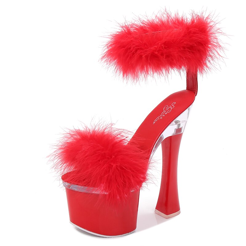 Feather Double Strap Thick Platform Open Toe Sandals