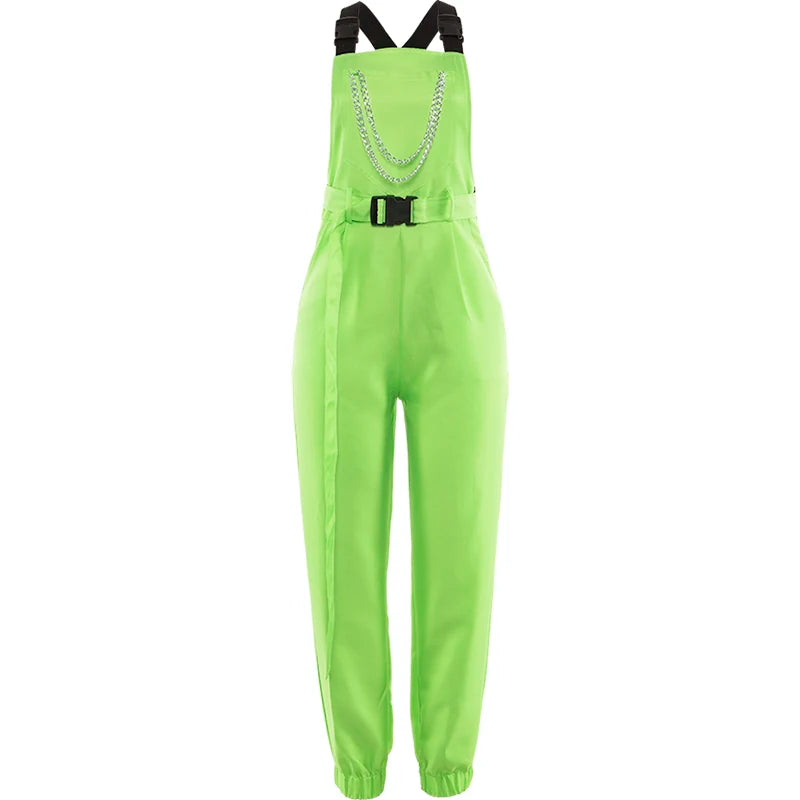 Fluorescent Green Sleeveless Suspender Strap Women's Streetwear Overall Jumpsuit Hip-Hop Dance Costume