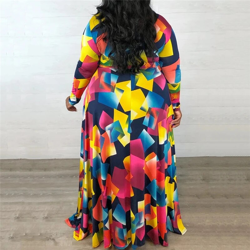 Geometric Multicolored Women's Long Sleeve V-Neck Maxi Dress to 5X