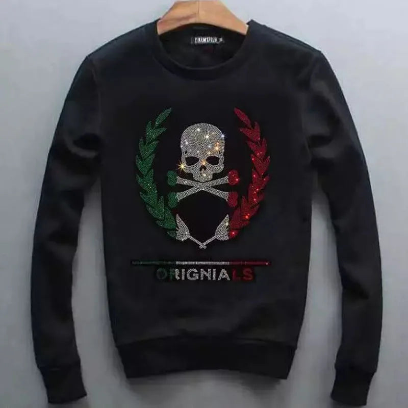 Men's Black Rhinestone Bumblebee/Skull Print Long Sleeve Hip-Hop O-Neck Sweatshirt