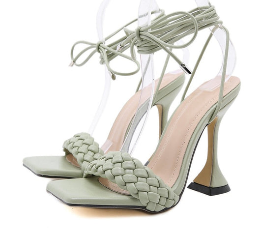 Women's Hollow Cross-Tied Weave Leather Peep Toe Ankle Strap Pumps