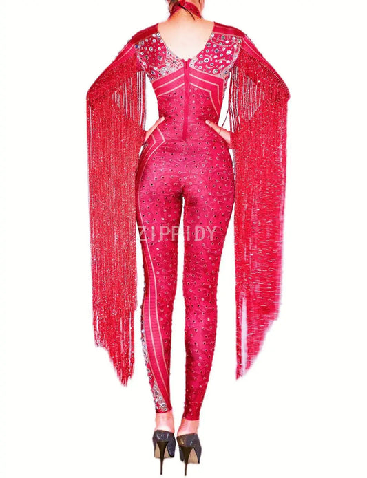 Red Tassel Fringe Rhinestone Performance Jumpsuit