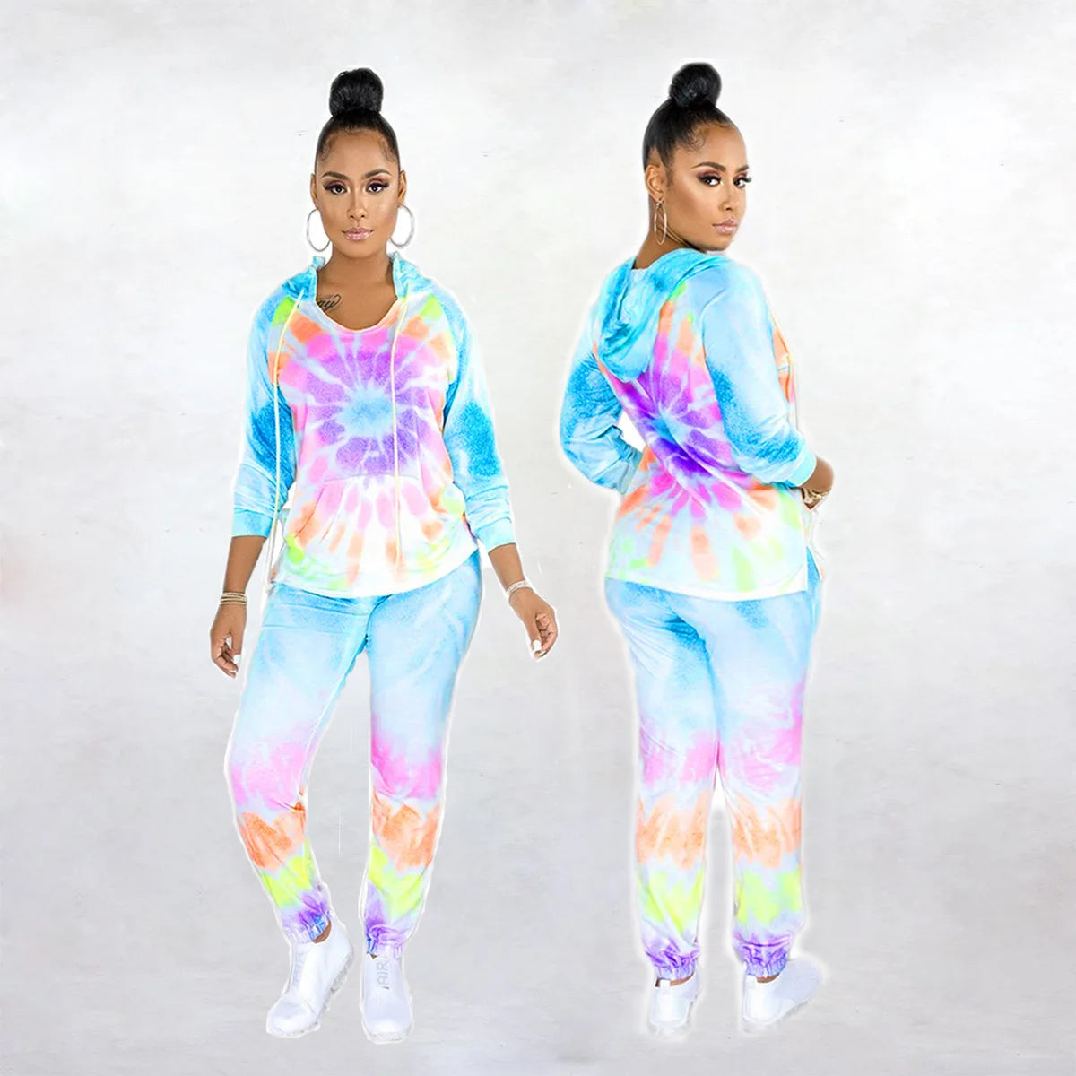 Pastel Tie-Dye Print O-Neck Long Sleeve Hoodie Sweatshirt + Sweatpants Ladies Tracksuit