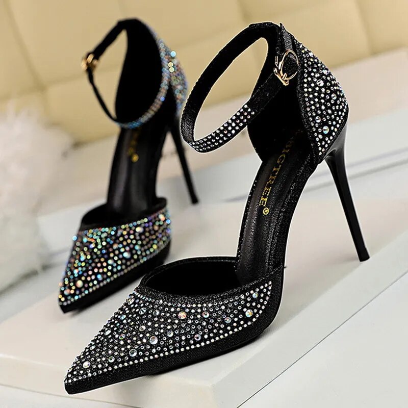 Rhinestone Sparkling Stiletto Heel Ankle Strap Sandal Pumps