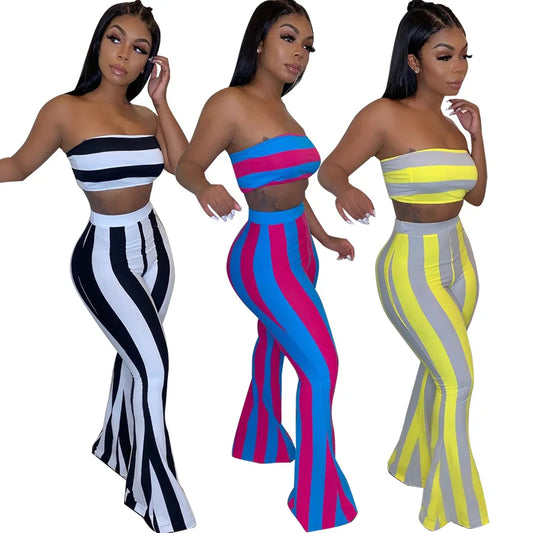 Sleeveless Striped Colorblock Tube Top+ Bodycon Flared Leggings Women's 2-Piece Set
