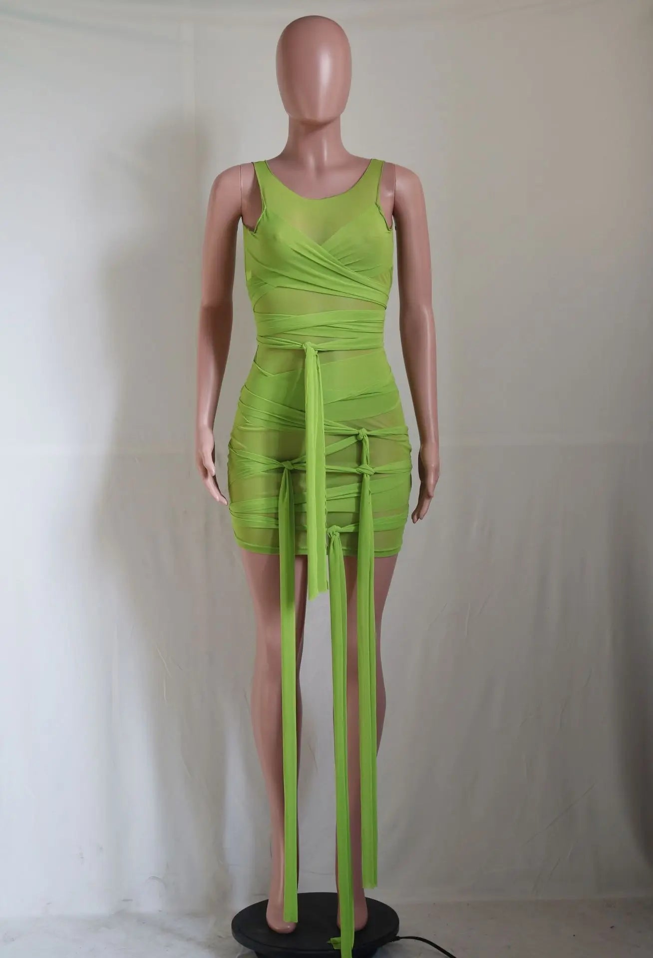 Sleeveless Bandage Criss-Cross Hollow-Out Design Transparent Mesh Mini Club Party/Prom Dress