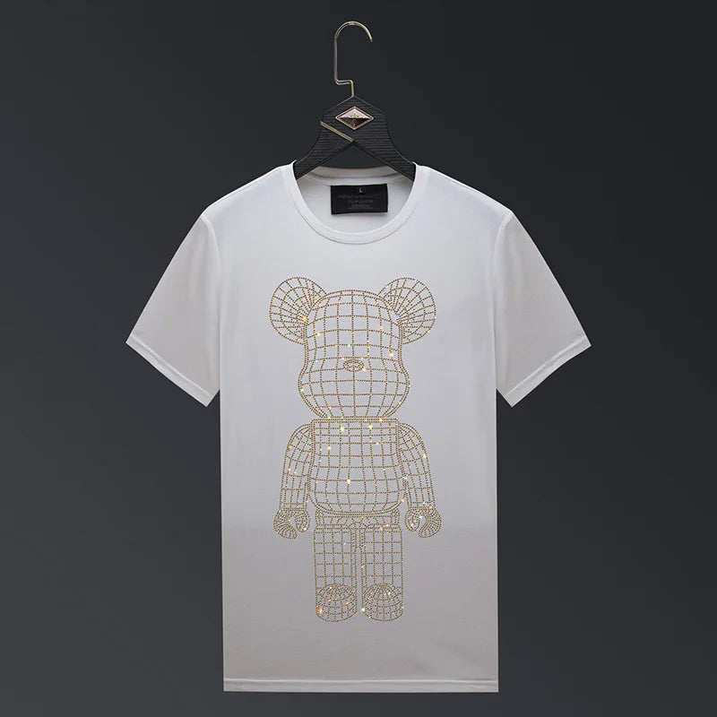 Rhinestone Men's Metal Grid Teddy Bear Streetwear O-Neck Short Sleeve T-Shirt