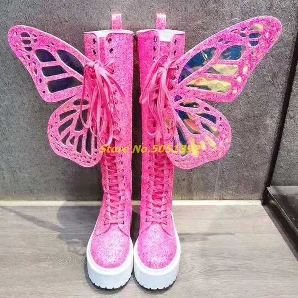 Pink Glitter Knee High Muffin Lace Up Glitter Round Toe Boots