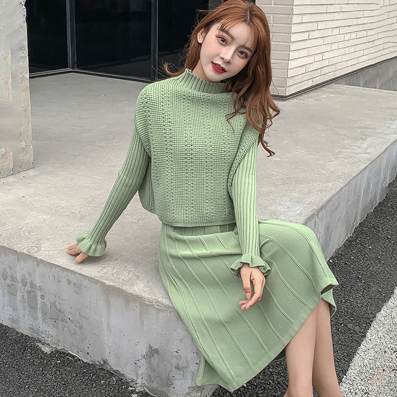 Solid Long Sleeve Pullover Sweater + Knitted Pleated Midi Skirt 2-Piece Set