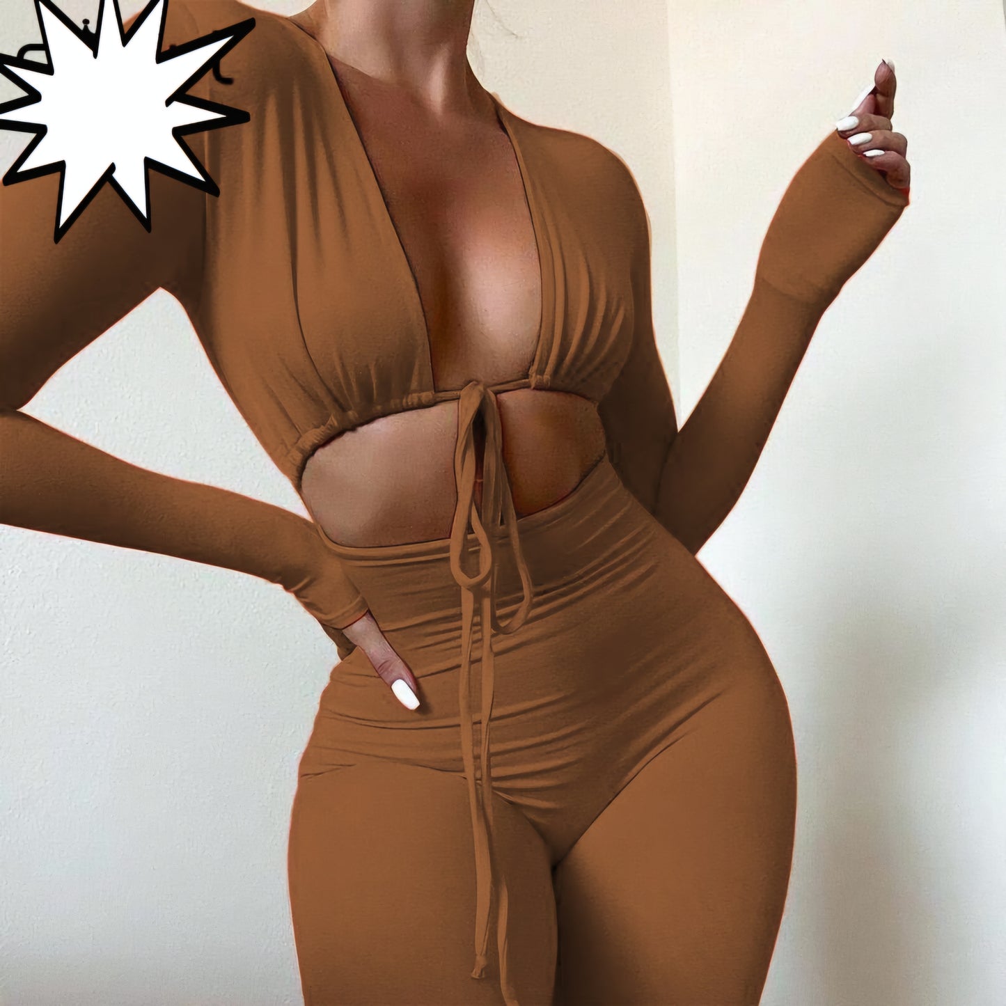 Bandage Solid Color Lace-Up Cropped Top Long Sleeve Bodycon Jumpsuit