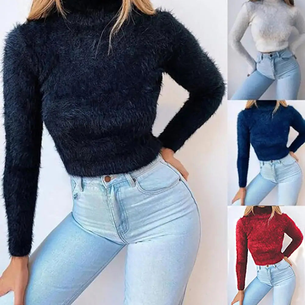 Turtleneck Furry Solid Long Sleeve Cropped Ladies Skinny Sweater