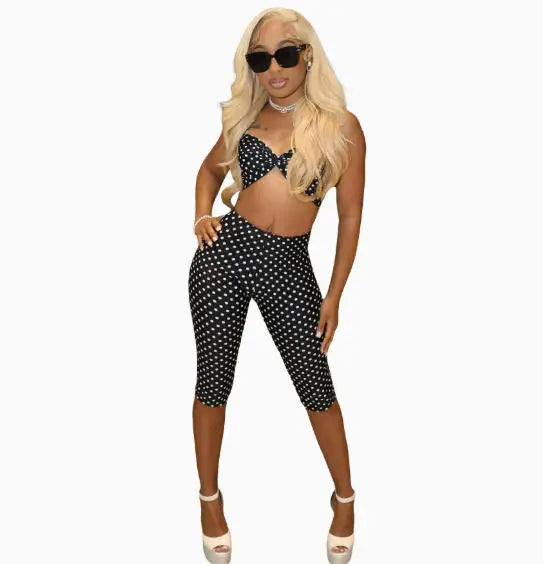 Polka Dot Print Women's Bikini Top + Skin Tight Capri Pants 2-Piece Set