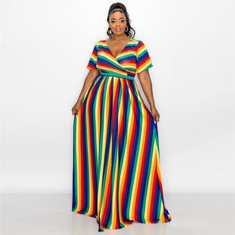 Rainbow Striped Short Sleeve Print Top + Elastic Waist Maxi Skirt 2-Piece Set to 5X