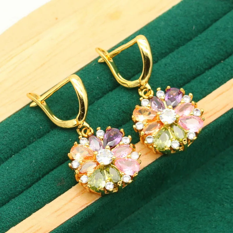 Flower Pendant Multicolor Zircon 4-Piece Jewelry Sets: Bracelet, Earrings, Necklace + Pendant Ring