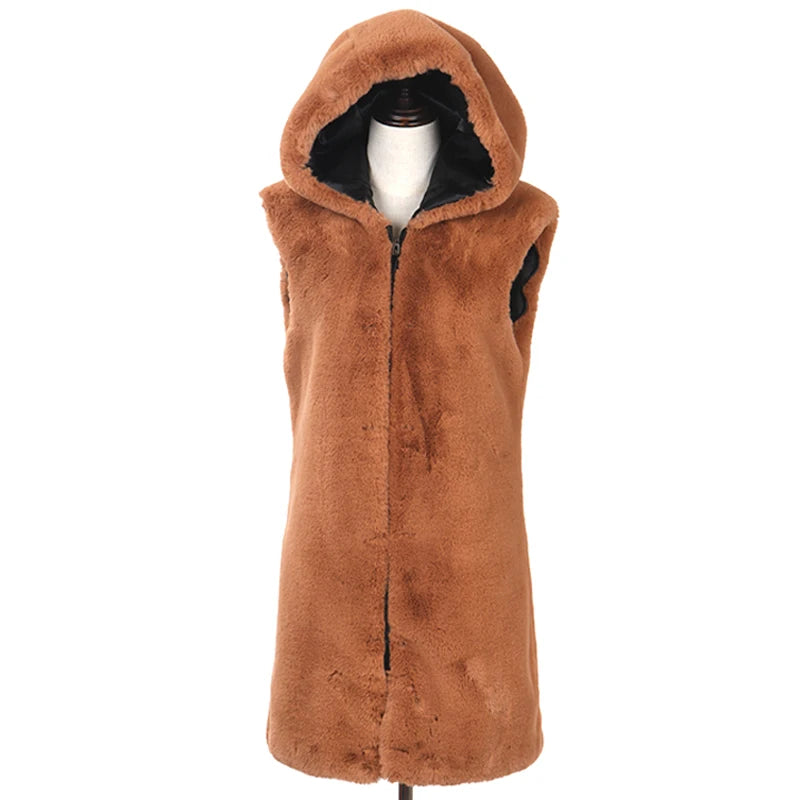 Colorblock Real Fur Oversized Collar Hip-Hop Design Women's Hooded Full Pelt Trenchcoat
